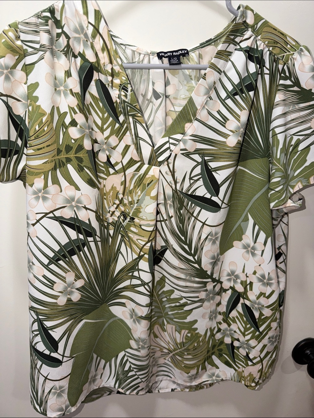 Hilary Radley Olive Green Palm Print V-Neck Blouse